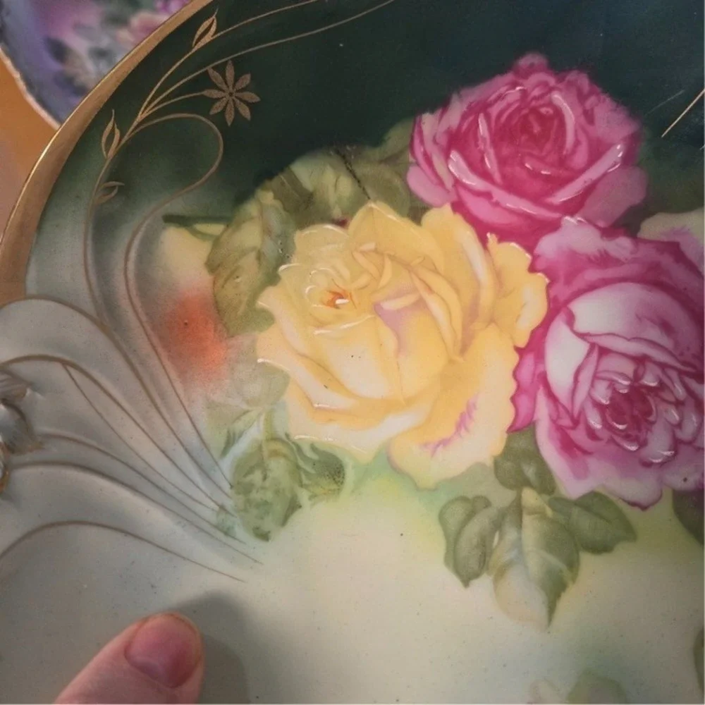 Antique Bavaria JPSV Serving Bowl Green w/ Roses‎ 10